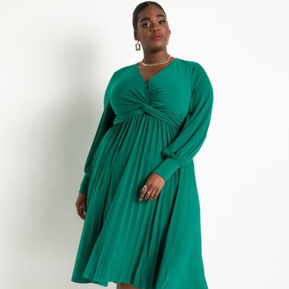 ELOQUII Pleated Knot Front Long Sleeve Dress (PLUS)
